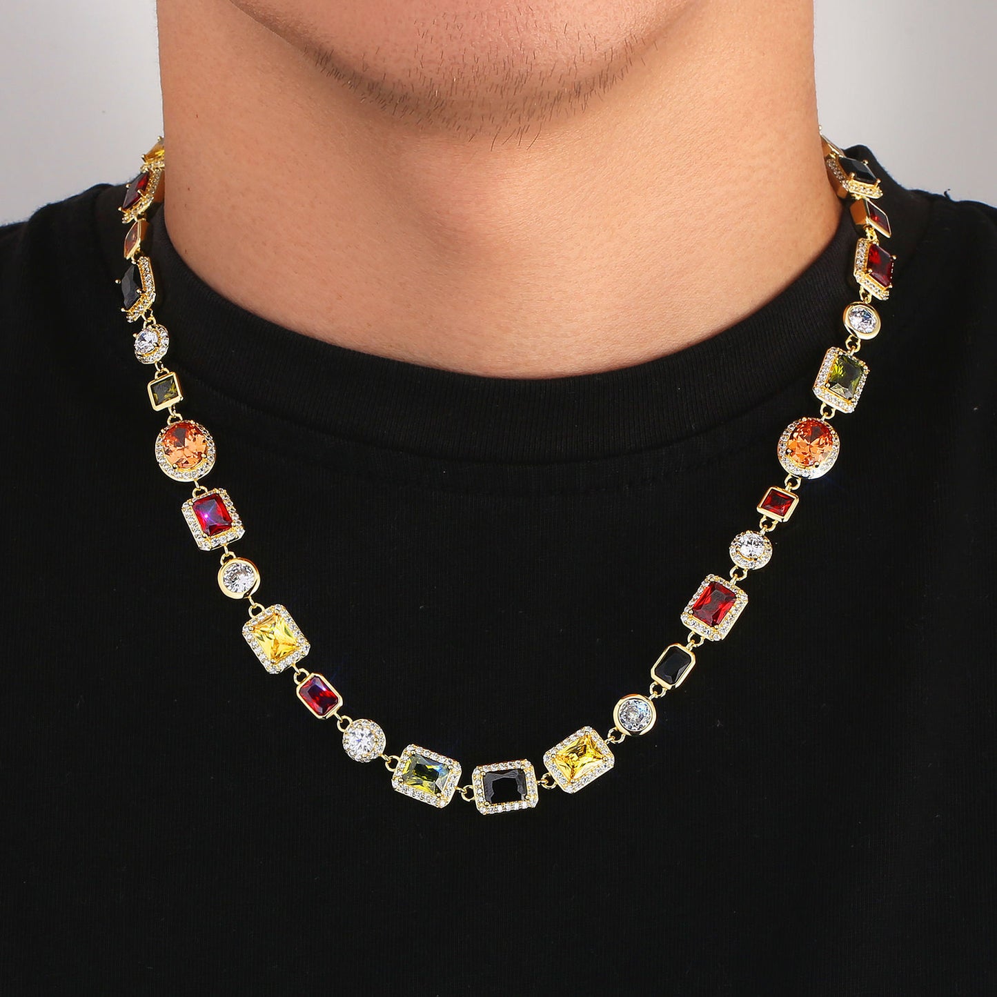Mixed Gemstone Tennis Chain 5A-CZ Gem 18K Gold Plated Vintage Necklace