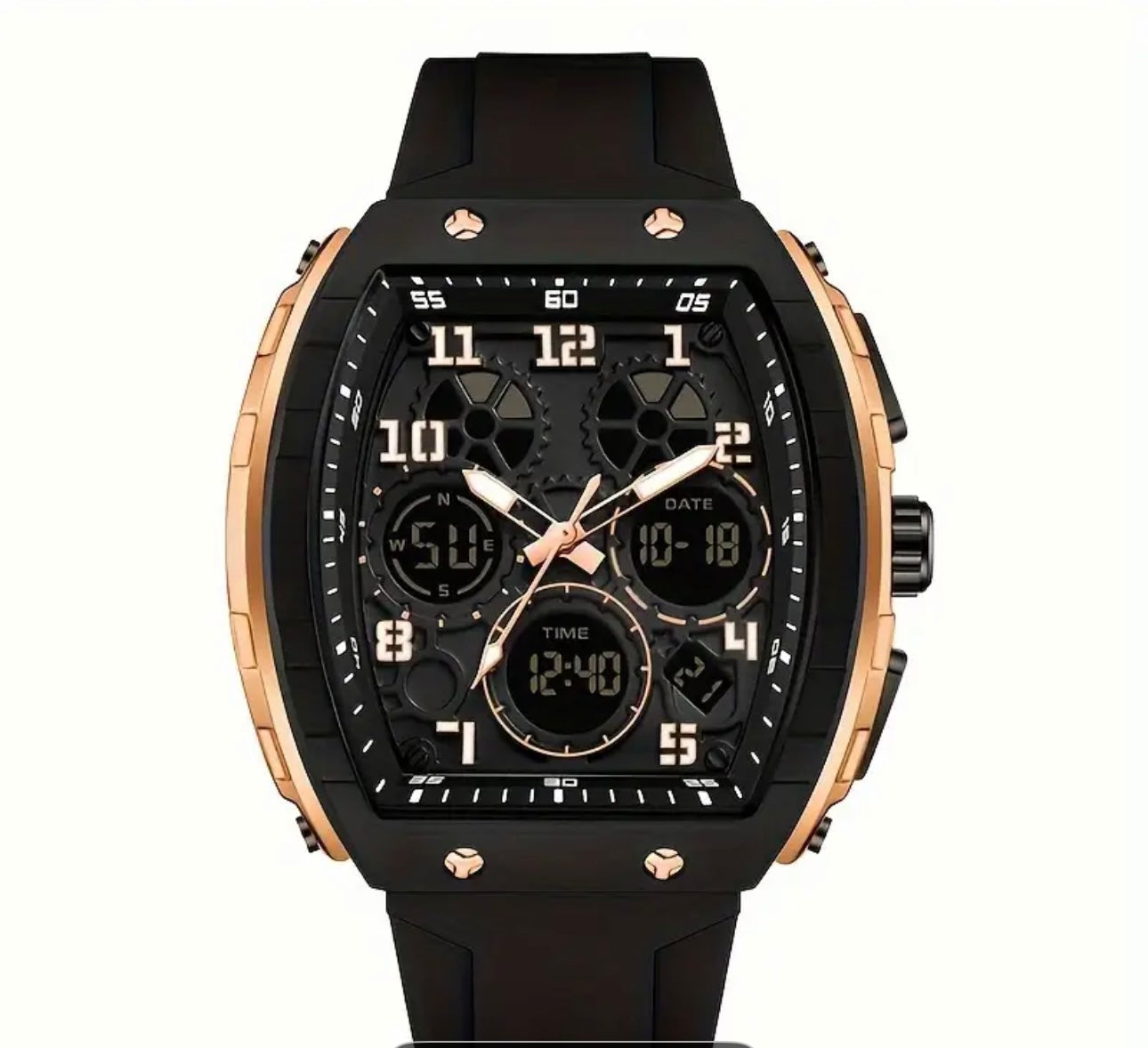 Men’s Bold Barrel Dial Watch – Luxury Sport, Waterproof, Multifunction