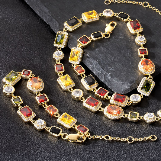Mixed Gemstone Tennis Chain 5A-CZ Gem 18K Gold Plated Vintage Necklace