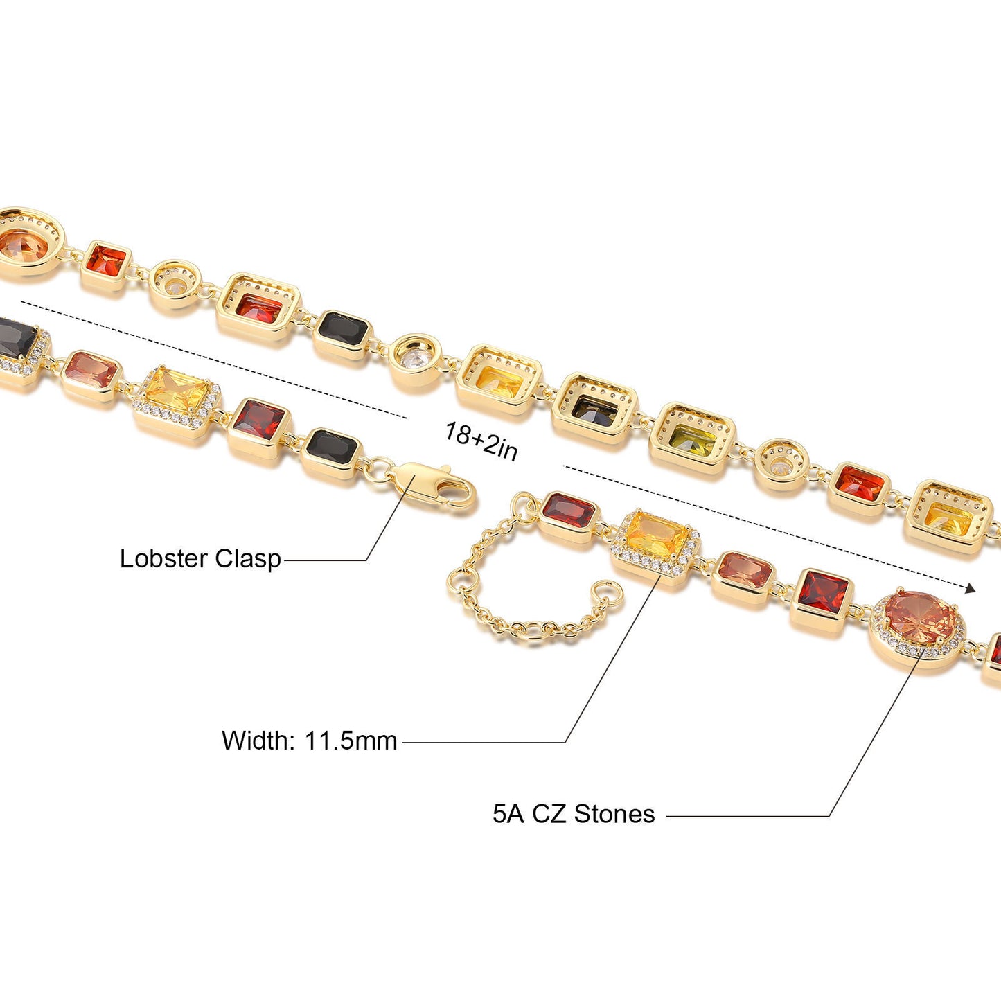 Mixed Gemstone Tennis Chain 5A-CZ Gem 18K Gold Plated Vintage Necklace